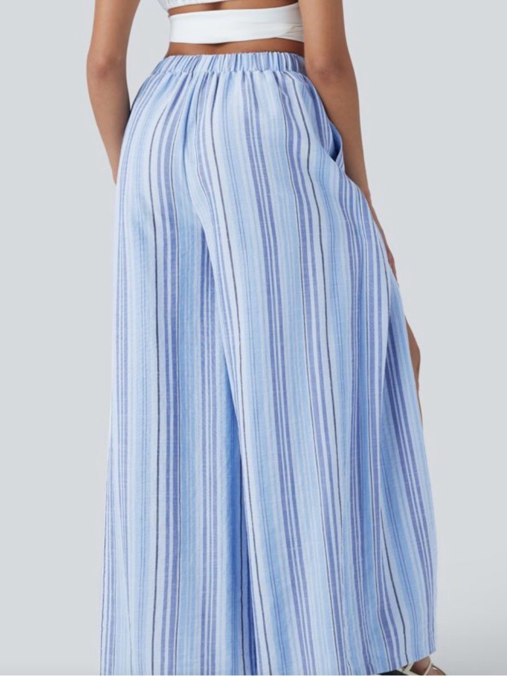 Halara Striped Blue Wide-Leg Split Pants - Picture 6 of 7